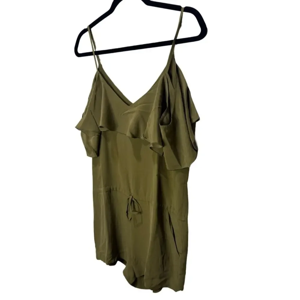 NWT Chaser Off Shoulder Silk Ruffle Romper - Olive Green Size M
